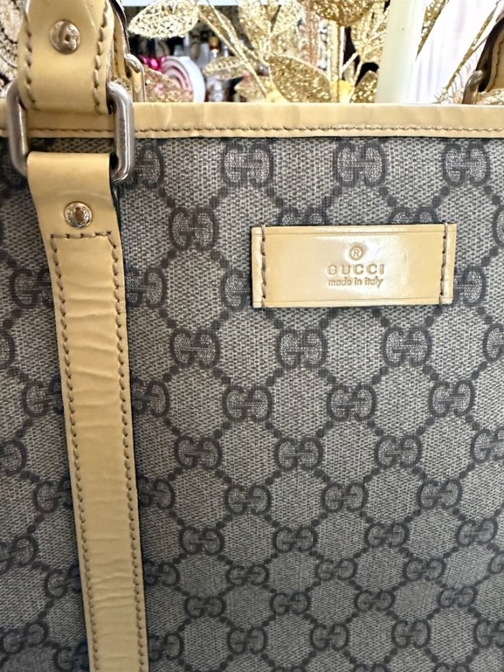 Authentic Gucci GG Canvas Large Tote Bag Beige Monogram Leather Made in Italy - Picture 15 of 16